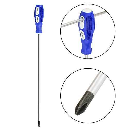 12'' Inch Long Phillips Screwdriver, 2 Pack, 6mm Magnetic Tip, Chrome Vanadium Steel, Blue, Silver, White