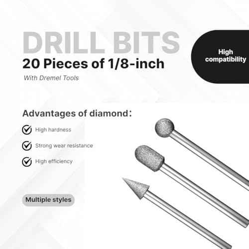 120-Grit Diamond Grinder Bit Compatible with Dremel Tools, Including 20 Pieces of 1/8-inch Drill bits for Carving and polishing on Stone, Glass, Ceramics, Resin, and Metal (Silver)