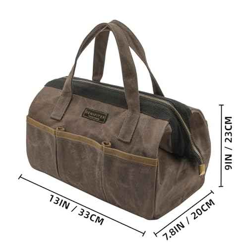 Tool Bag, 13-inch Heavy Duty 16oz Waxed Canvas Wide Mouth Water-Resistant Tool Bag, Tool Tote with Handle for Tools, Wrenches, Screwdrivers (13 X 7.8 X 9 inch) | Grey