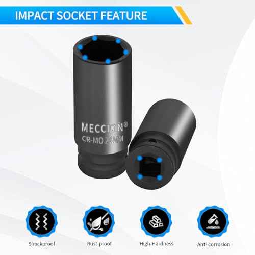 Meccion 3/8 Inch Drive Impact Socket 7mm Metric, 6 Point Cr-Mo Deep Socket, 63mm Length