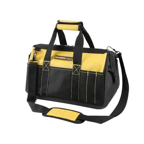 Olympia Tools 16 Inch Wide Mouth Tool Bag, Tool Tote with Water Proof Molded Base, Tool Bags for men with 21 Pockets and 7 Belt Loops, Padded Handle, Adjustable Shoulder Strap