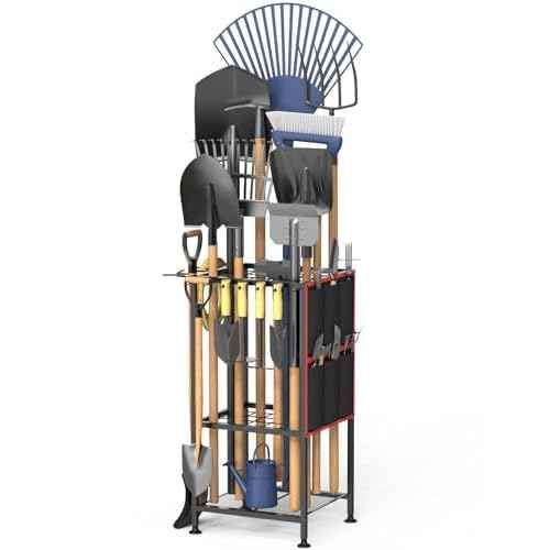 Garden Tool Organizer,Metal Yard Tool Organizer,Holds 50 Long-Handled Tools/Rakes/Brooms,Side Garden Pocket,Heavy Duty Steel Yard Tool Storage Rack for Garage,Shed, Outdoor