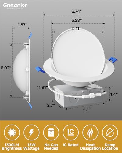 Ensenior 4-Pack 6 Inch LED Gimbal Recessed Light, Dimmable 5CCT, White Finish