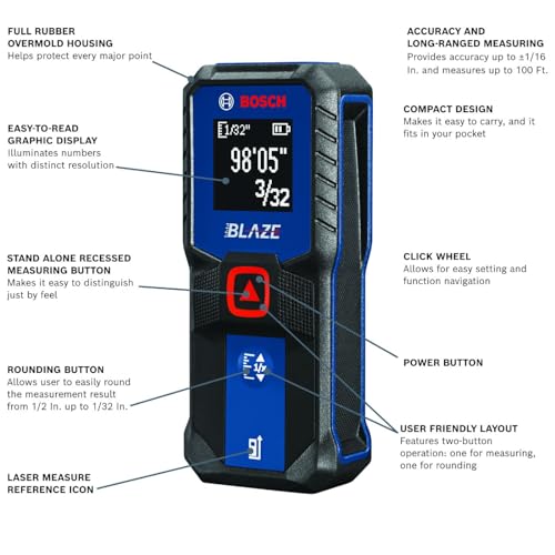 BOSCH GLM100-23 100 Ft Blaze Laser Distance Measure, Includes 2 AA Batteries