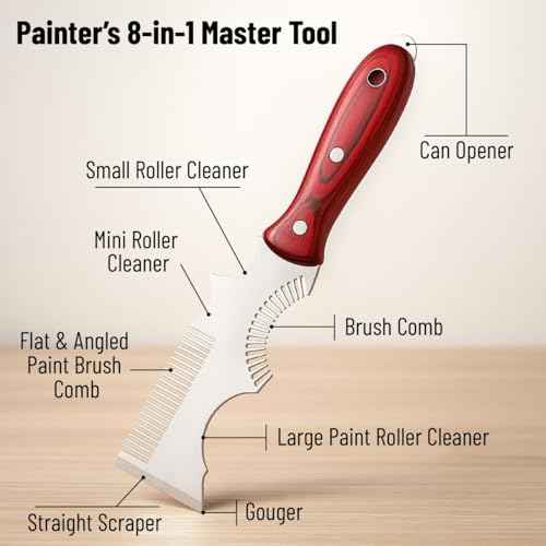 Bates- 8-in-1 Painters Tool, Wooden Handle, Stainless Steel Paint Brush Cleaner Tool, Paint Brush Comb
