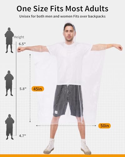 Hitituto Clear Rain Ponchos for Adults - Extra Long Hooded Emergency Pack 6pcs