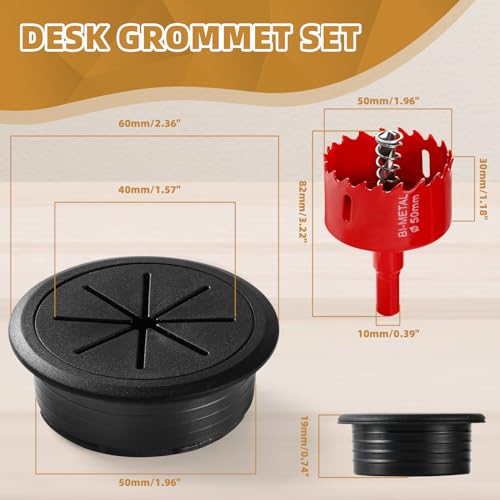 XIOGZAXI 2 Inch Black Desk Grommet Set for Cables - 8 Pieces with Hole Saw