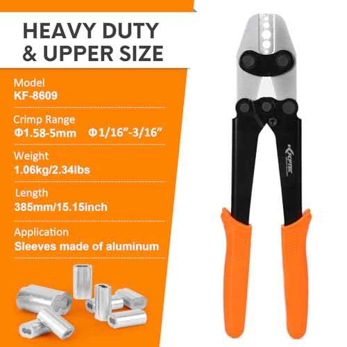 KF CPTEC Wire Rope Crimping Tool 1/16"-3/16"(1.58-5.0mm), Ferrule Swager for Aluminum & Loop Sleeves, Heavy-Duty Crimper for Railing & Fishing