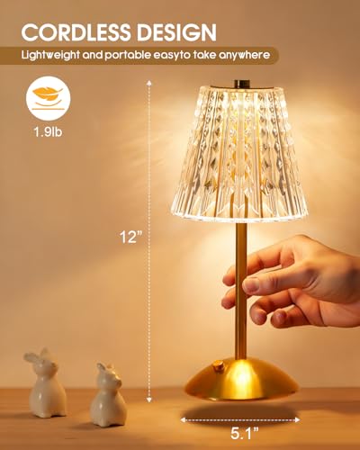 Gold Cordless Touch Table Lamp - Rechargeable Crystal Desk Light, Modern Accent Lighting