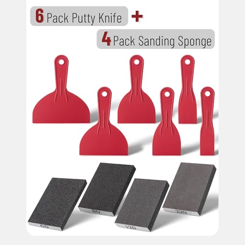 Bates- Putty Knife Set with Sanding Sponge, 10 pcs, Plastic Paint Scraper, Sandpaper Block, Putty Knives, Sandpaper Block Sander, Spackle Tool, Plastic Putty Knife Set