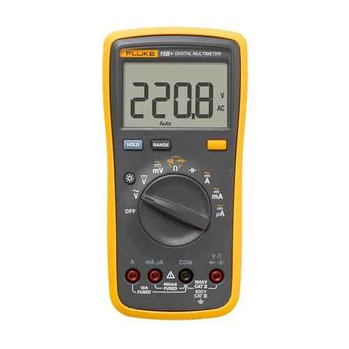 Fluke 15B+ Digital Multimeter, for Electrical Applications, Measures AC/DC Voltage and Current Measurements up to 1000V and 10A, Along with Resistance, Continuity, Diode, and Capacitance Capabilities