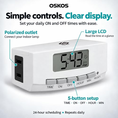 OSKOS 2-Pack Indoor Digital Timer with Large Screen & Polarized Plug, 15A/1875W