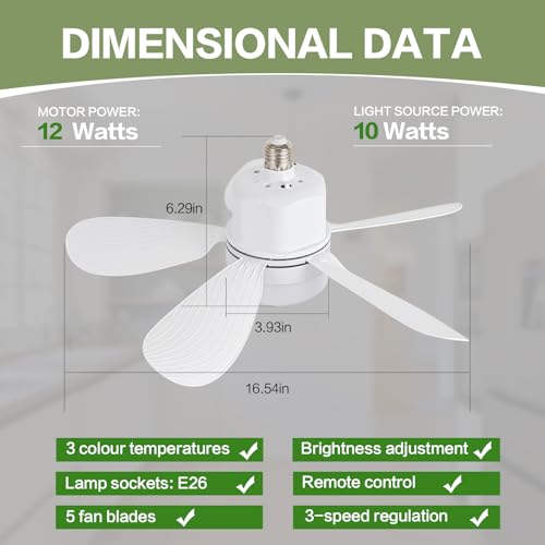 16.54 Inch E26 Socket Fan Light with Remote Control, Dimmable LED & 3-Speed Ceiling Fan for Bedroom & Kitchen