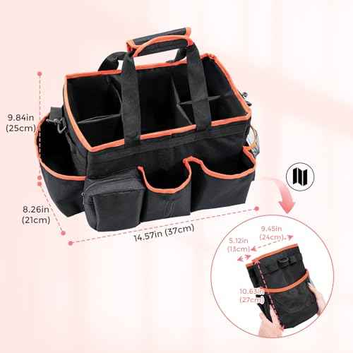 ProCase Cleaning Caddy Bag for Housekeepers, Foldable Cleaning Supply Bag with 5 Compartments, Wearable Detailing Organizer Tote with Handles and Shoulder Strap -Orange