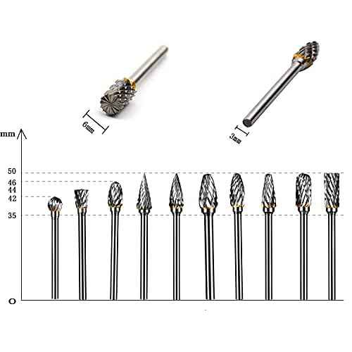 10 Pieces Tungsten Carbide Double Cut Rotary Burr Set with 3 mm (1/8 Inch) Shank and 6 mm (1/4 Inch) Head Size