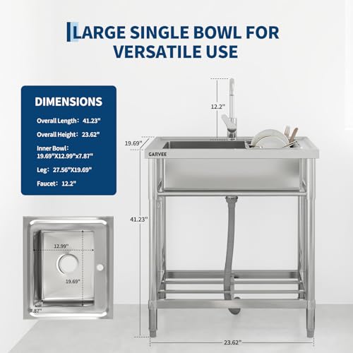 Garvee 24x20x41 Inch Stainless Steel Freestanding Utility Sink for Kitchen Garage Outdoor