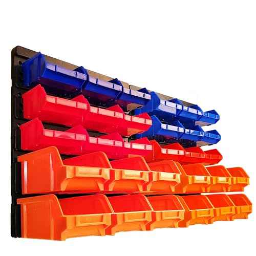 ALWORKKIT Storage Bins Wall-Mounted 30Pcs Set - Storage Organizer for Screws, Nuts, Nails, and Small Hardware Parts, with Quick Installation (Assorted Colors: Orange, Red, Blue)