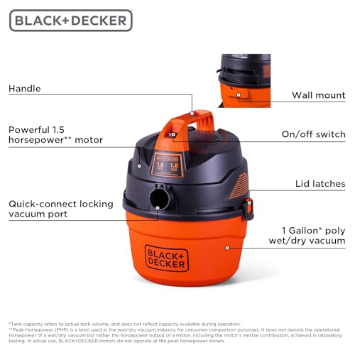 BLACK+DECKER 1 Gallon Wet Dry Shop Vacuum Small Wall Mount Mini Vacuum with Accessories