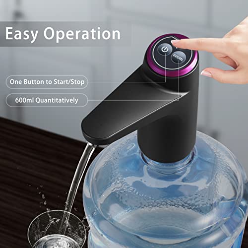 BIMVER Black Portable Electric Water Dispenser for 5 Gallon Bottles, USB Rechargeable, 600ml Quantitative Pump