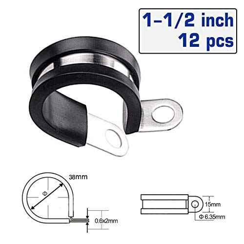 HOLYBEAR 1-1/2 Inch Stainless Steel Cable Clamp, Rubber Insulated Metal Conduit Wire Holder Strap Clips for Pipe, Tube, Hose Bracket (38mm, 12pcs)
