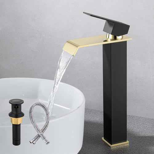 Vessel Sink Faucet Black and Gold, Single Hole Tall Bathroom Faucet, Modern SUS304 Stainless Made, Pop-up Drain & Supply Hose Included, Home D?cor Improvement
