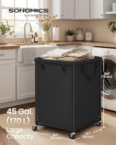 SONGMICS 45 Gallon Laundry Basket with Wheels, Removable Liner Bag 170L-Rectangular Ink Black