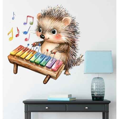 Hedgehog Play Keyboard Wall Stickers, Cute Animals Decal Music Vinyl Waterproof Peel Removable Wall Decor for Nursery Kids Baby Bedroom Playroom Classroom