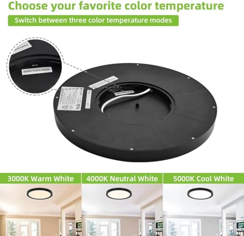 Hykolity 12 Inch Black LED Flat Panel Light with 3-Color CCT, Dimmable Ceiling Fixture