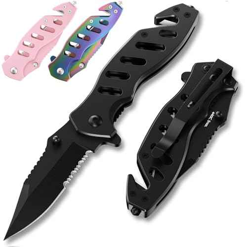 Tactical Legal Knife for Men Women - 2.68 inch Serrated Blade - Small Black Pocket Knives with Glass Breaker Seatbelt Cutter - Cool Folding Tool for Camping Work EDC - Mens Birthday Gift Ideas 6655 B