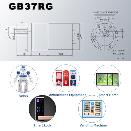Greartisan DC 12V 5RPM Gear Motor High Torque Micro Gearbox with Eccentric Output Shaft – 37mm Diameter, Variation: 5 RPM / 12 Volt