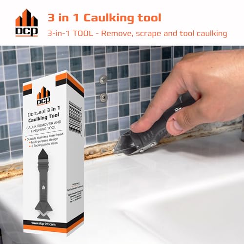 DCP Donseal 3 in 1 Caulking Tool Kit ? Silicone Caulking Tool for Removal, Scraping & Finishing ? Precise Caulk Remover & Applicator with 5 Tooling Pads ? Stainless Steel Caulk Scraper for Smooth Seal