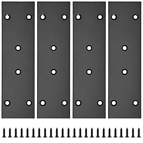 Black Flat Straight Brace Brackets 6.6 x 1.9 Inches, 4 Pack - Stainless Steel Reinforcement Plates