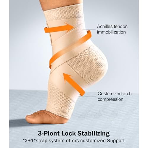 Flat Knitting Ankle Brace For Women&Men, 7-Zone Dynamic Compression Sleeve w/Flex Strap,Foot Support For Sports, Sprained Ankle, Achilles Tendonitis, Plantar Fasciitis Relief(Pack of1) M,Nude