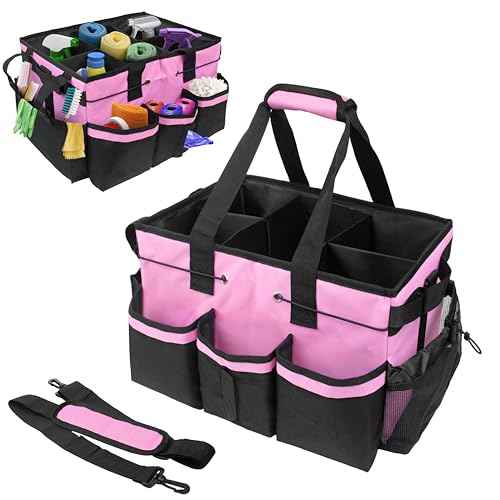 ZKOO Large Cleaning Caddy Bag with Handle, Built-in Sturdy Support Board, Adjustable Shoulder Strap, Multi-compartment Design Cleaning Supply Tote for Cleaners & Housekeepers (Pink)