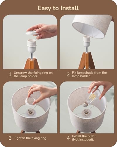 EDISHINE Small Tripod Bedside Lamp with Light Brown Wooden Finish, 14.2 Inch, E26 Base