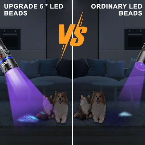 365nm UV-Flashlight Blacklight, 60W 6*LED Beads, 5000mAh Rechargeable Black Light, IP65 Waterproof Blacklight Flashlights for Pet Urine Detection, Resin Curing, Rock Hunting, Mineral Detection