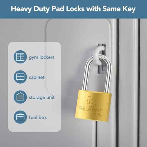 DELSWIN Weatherproof Padlock with Key - Heavy Duty Solid Brass Locker Lock with 1-9/16" Long Shackle, Marine Grade Pad Lock for Outdoor Gate, Fence, Shed (1 Pack)