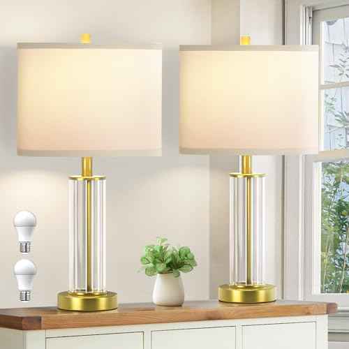 Modern Table Lamps for Bedrooms Set of 2, 22.8" Gold Glass End Table Lamps for Living Room with 3-Color Temperature, White Shade Bedside Nightstand Lamps, None-fillable