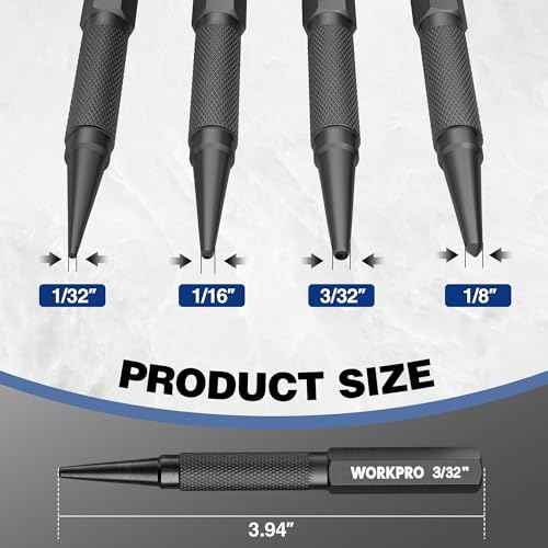 WORKPRO 4-Piece Nail Punch and Center Punch Set, Hardened Cr-V Steel with Knurled Grip,1/32", 1/16", 3/32" Nail Setter & 1/32" Center Punch Tool