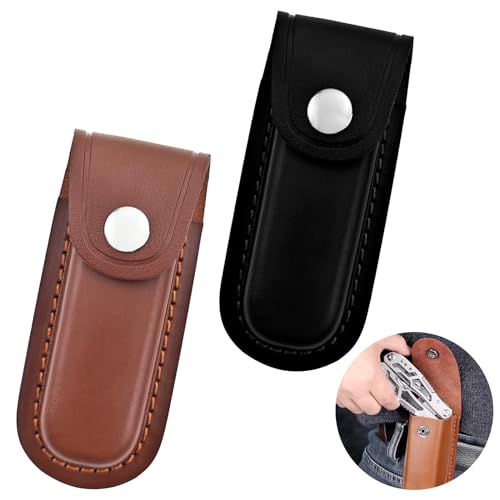 2 Pack Pocket Knife Sheath, Multitool Sheath, Leather Knife Sheath Holster with Belt Loop, Snap Fastener Hunt Holder Pocket for Travel Multi Tool Case Belt Hiking Pouch Holster