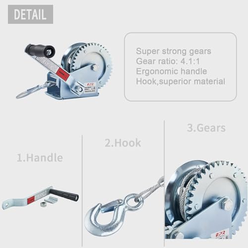 OPENROAD 1600lbs Hand Winch Boat Trailer Winch with 10m Cable - Manual Two-Way Adjustable Towing Winch