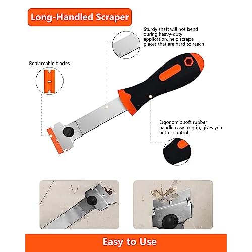 Razor Blade Scraper, Long Handle Scraper Tool with 10 Plastic and 10 Metal Blades - Ideal for Removing Labels, Stickers, Appliance Grease, and More from Windshields, Tint, and Glass (Orange)