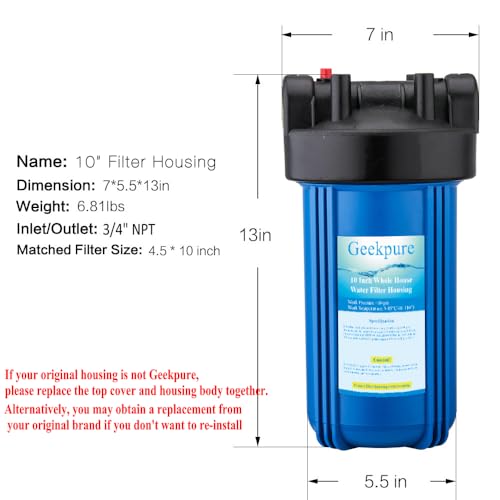 Geekpure 10-Inch Whole House Water Filter Housing with Wrench & Bracket - 4.5 x 10 Inch, 3/4-Inch Ports, Variation 1
