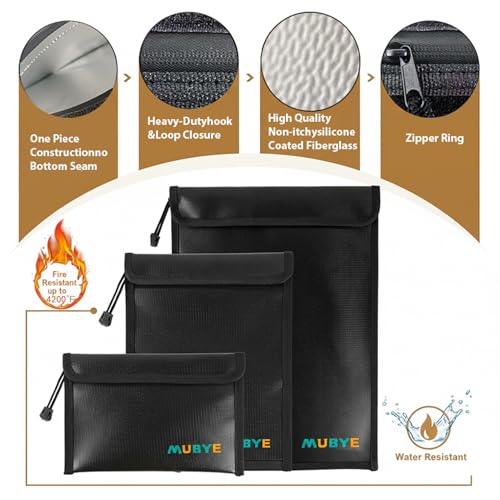 Upgraded Fireproof Waterproof Document Bag - 3 Pack Safe Money Bags with Zipper, Fire & Water Resistant Storage Organizer Pouch for Documents Holder,File,Cash,Passport,Tablet (Black)