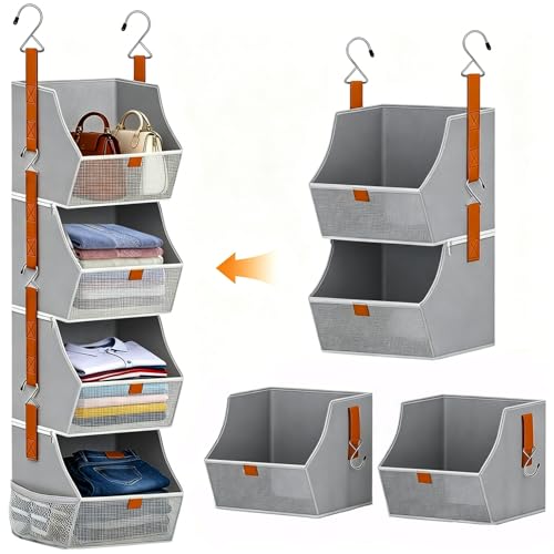 Grey 4-Tier Fabric Hanging Closet Organizer with See-Through Front & Side Pockets - Space-Saving Wardrobe Storage
