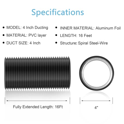 Hon&Guan 4'' Flexible Dryer Vent Duct 16FT with 2 Clamps - Black, Low Noise, Lightproof