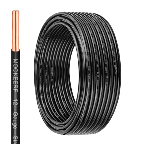 MOOKEERF 12 Gauge 25FT Solid Copper THHN Electrical Wire - Black, 600V