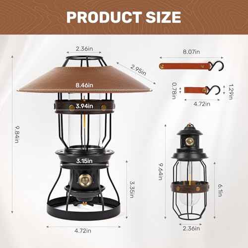 Metal LED Retro Camping Lantern, 2-in-1 Hanging/Standing, Dimmable, 3500mAh Rechargeable, Water Resistant, Brown