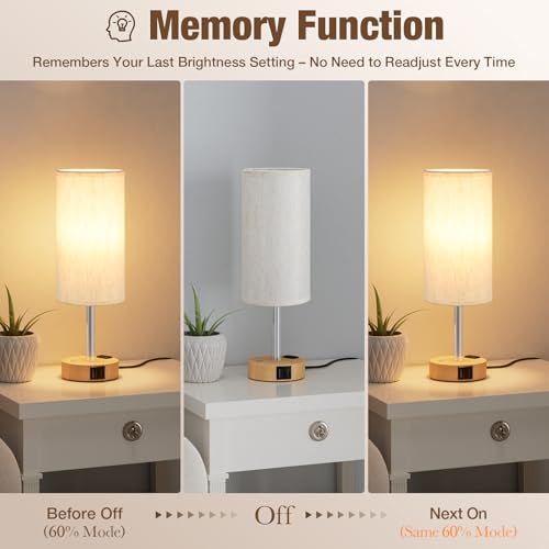 Aooshine Beige Wood Grain Touch Bedside Table Lamp with USB-C, USB-A & Outlet - Dimmable Night Light