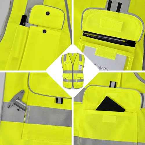 9 Pockets Full Zip Safety Vest, Class 2 High Visibility Work Vest for Construction, Utility Workers, Meets ANSI/ISEA Standard, Yellow, Large